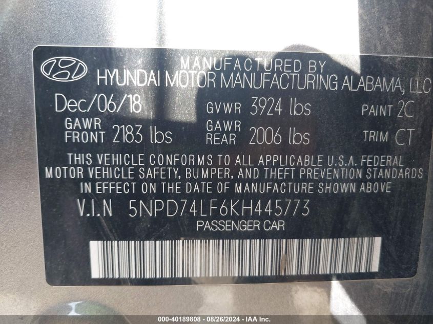 2019 HYUNDAI ELANTRA SE - 5NPD74LF6KH445773