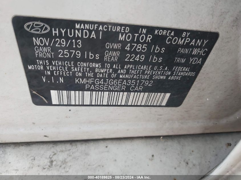 2014 Hyundai Azera VIN: KMHFG4JG6EA351792 Lot: 40189825