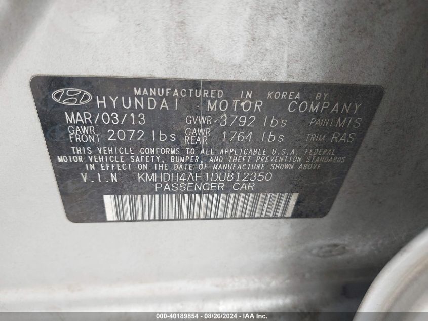 2013 Hyundai Elantra Gls VIN: KMHDH4AE1DU812350 Lot: 40189854