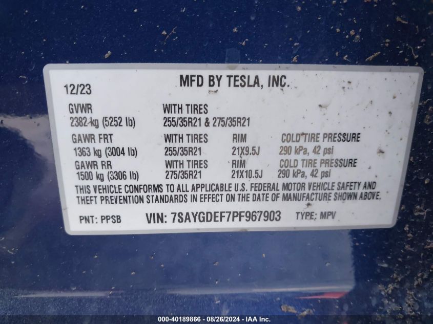 2023 Tesla Model Y Awd/Performance Dual Motor All-Wheel Drive VIN: 7SAYGDEF7PF967903 Lot: 40189866