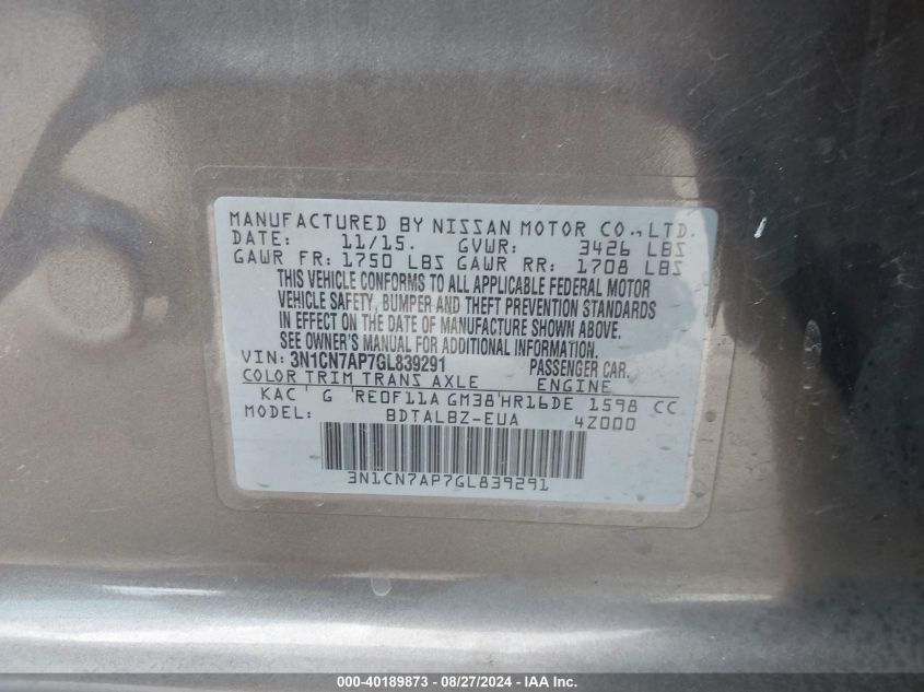 3N1CN7AP7GL839291 2016 Nissan Versa 1.6 Sv