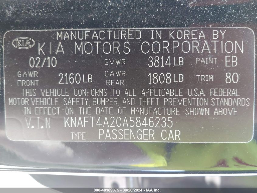 2010 Kia Forte Lx VIN: KNAFT4A20A5846235 Lot: 40189875