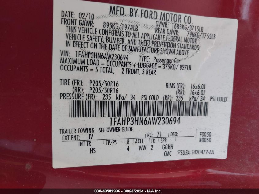 2010 Ford Focus Sel VIN: 1FAHP3HN6AW230694 Lot: 40189906