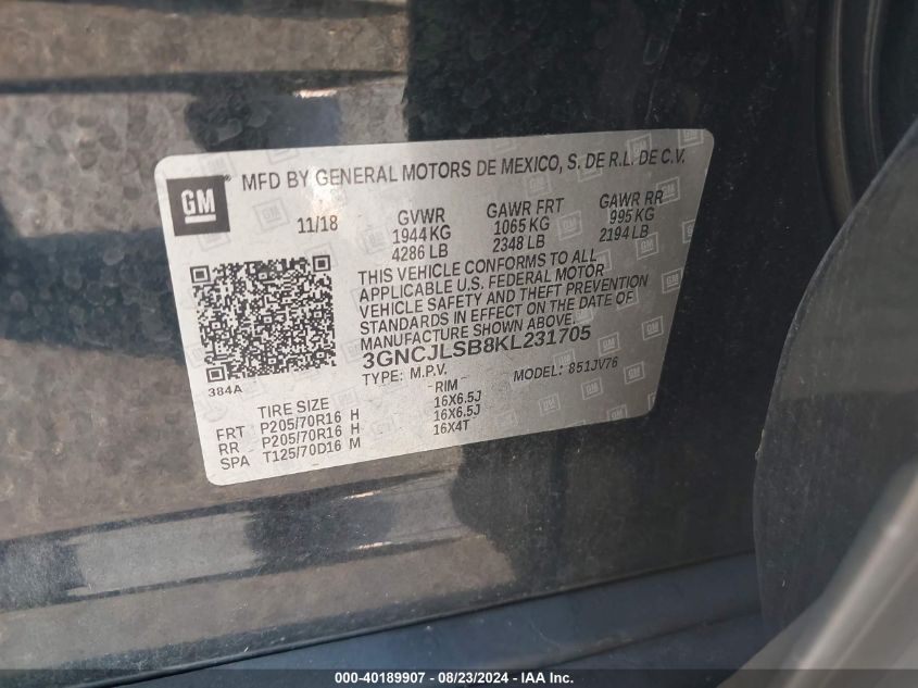 2019 Chevrolet Trax Lt VIN: 3GNCJLSB8KL231705 Lot: 40189907