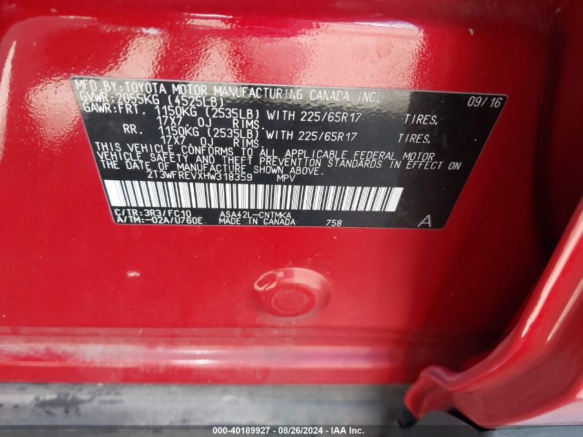 VIN 2T3WFREVXHW318359 2017 TOYOTA RAV4 XLE