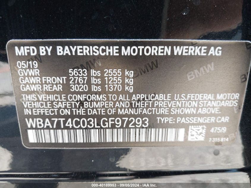 2020 BMW 740I xDrive VIN: WBA7T4C03LGF97293 Lot: 40189953