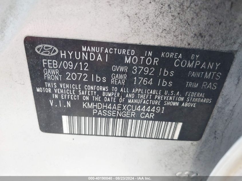 2012 Hyundai Elantra Gls (Ulsan Plant) VIN: KMHDH4AEXCU444491 Lot: 40190040