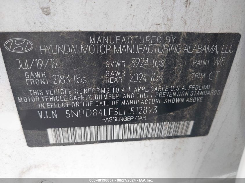 2020 Hyundai Elantra Sel VIN: 5NPD84LF3LH512893 Lot: 40190057