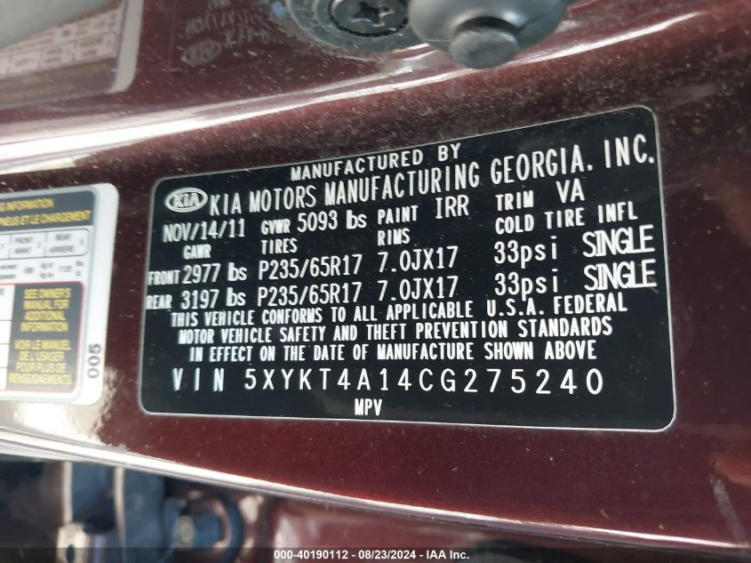 2012 Kia Sorento Lx VIN: 5XYKT4A14CG275240 Lot: 40190112