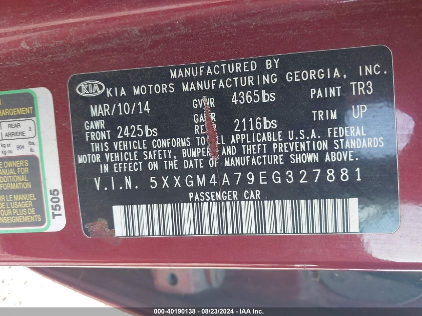 2014 Kia Optima Lx VIN: 5XXGM4A79EG327881 Lot: 40190138