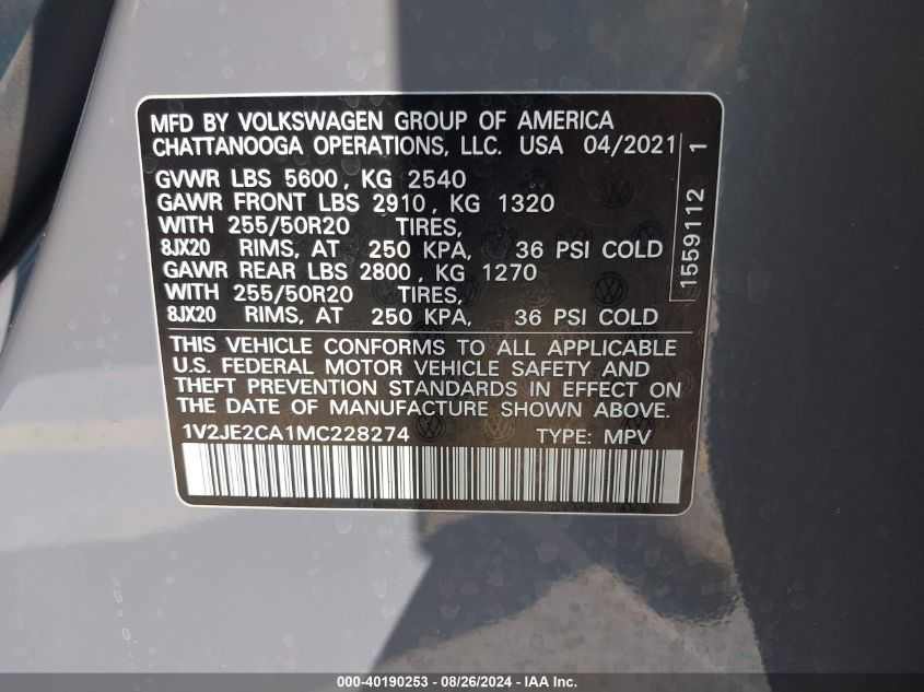 1V2JE2CA1MC228274 2021 Volkswagen Atlas Cross Sport 3.6L V6 Se W/Technology