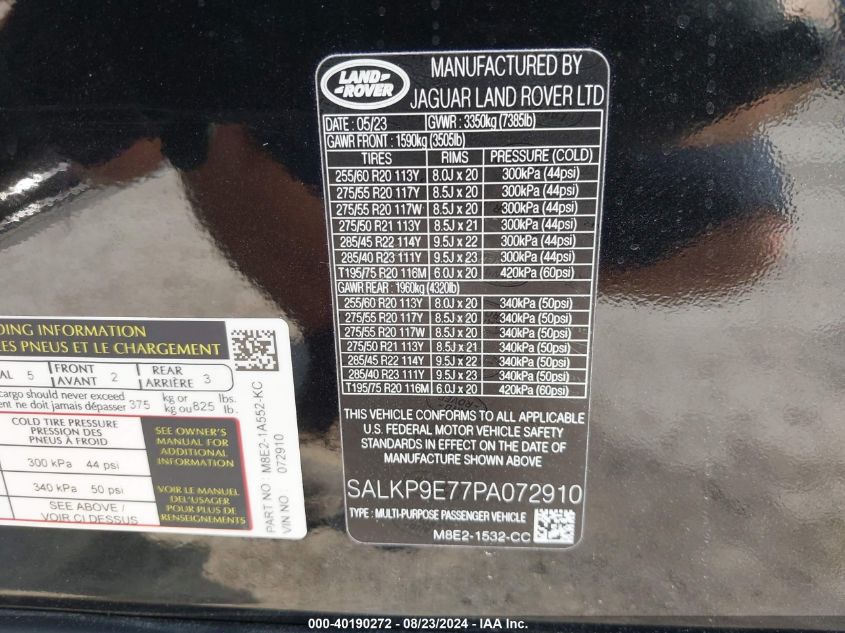 2023 Land Rover Range Rover P530 Se VIN: SALKP9E77PA072910 Lot: 40190272