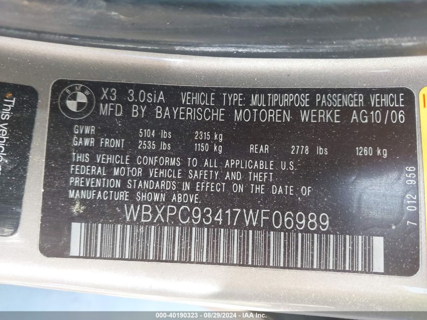 WBXPC93417WF06989 2007 BMW X3 3.0Si