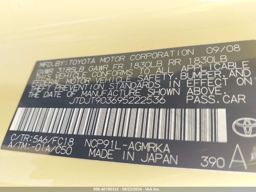 2009 Toyota Yaris VIN: JTDJT903695222536 Lot: 40190332