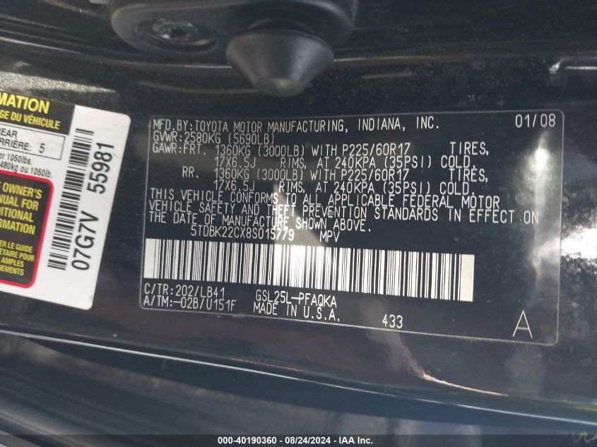 5TDBK22CX8S015779 2008 Toyota Sienna Xle