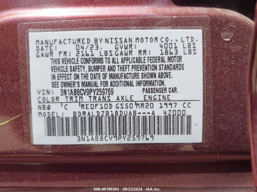 2023 Nissan Sentra Sv Xtronic Cvt VIN: 3N1AB8CV9PY259769 Lot: 40190383