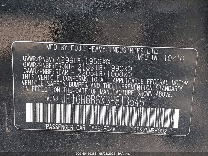 2011 Subaru Impreza 2.5I Premium VIN: JF1GH6B6XBH813545 Lot: 40190385