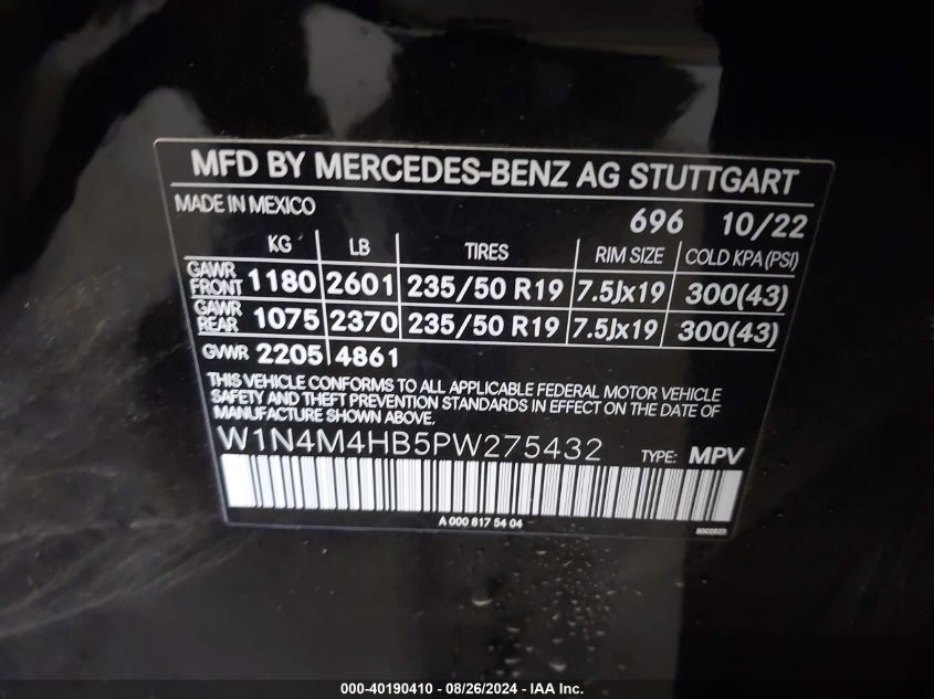 2023 Mercedes-Benz Glb 250 4Matic VIN: W1N4M4HB5PW275432 Lot: 40190410