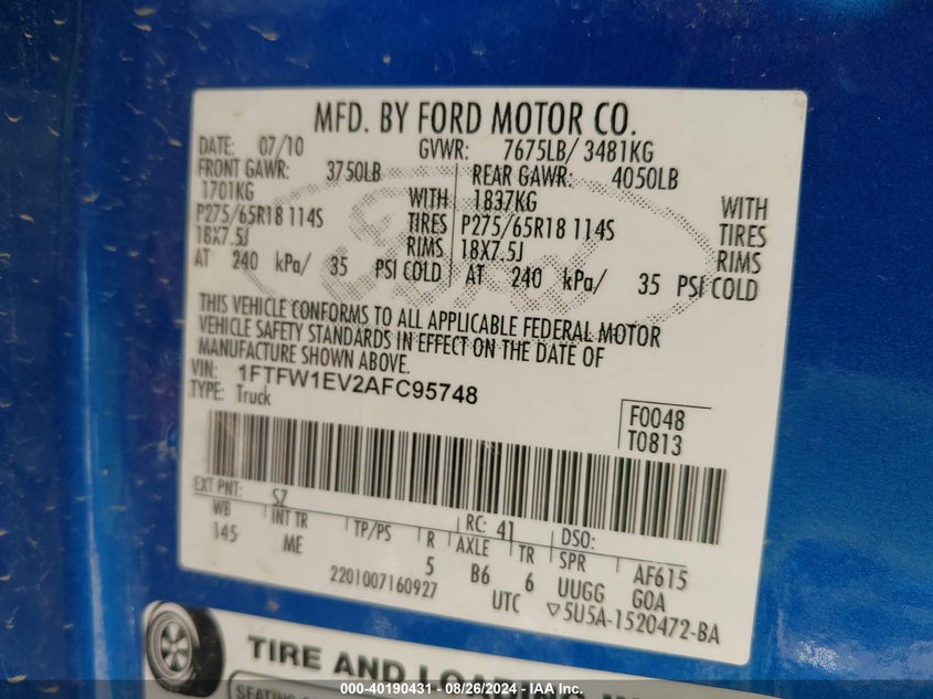 2010 Ford F-150 Fx4/Harley-Davidson/King Ranch/Lariat/Platinum/Xl/Xlt VIN: 1FTFW1EV2AFC95748 Lot: 40190431