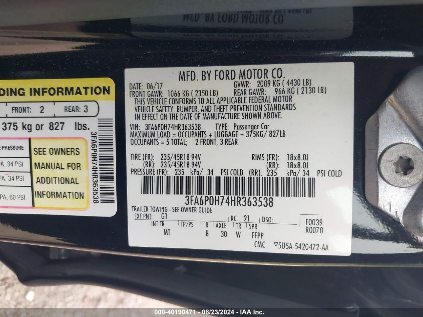 2017 FORD FUSION SE - 3FA6P0H74HR363538