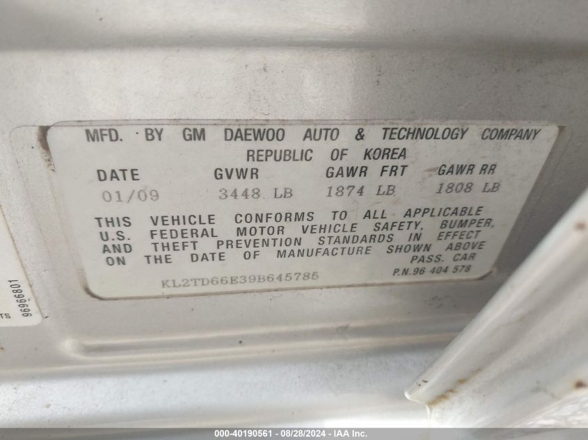 2009 Pontiac G3 VIN: KL2TD66E39B645785 Lot: 40190561