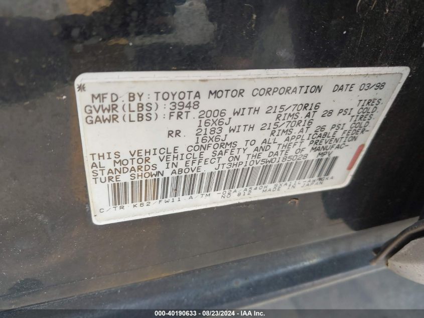 1998 Toyota Rav4 VIN: JT3HP10V5W0185028 Lot: 40190633