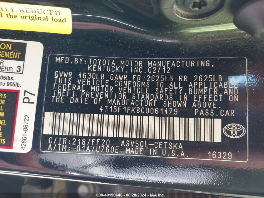 4T1BF1FK8CU061479 2012 Toyota Camry Se