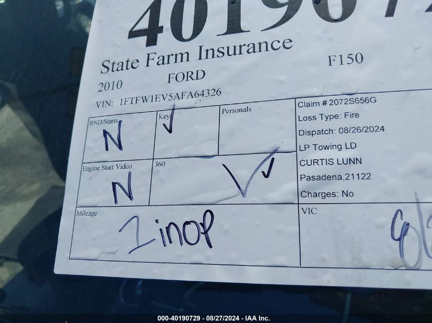 2010 Ford F-150 Fx4/Harley-Davidson/King Ranch/Lariat/Platinum/Xl/Xlt VIN: 1FTFW1EV5AFA64326 Lot: 40190729