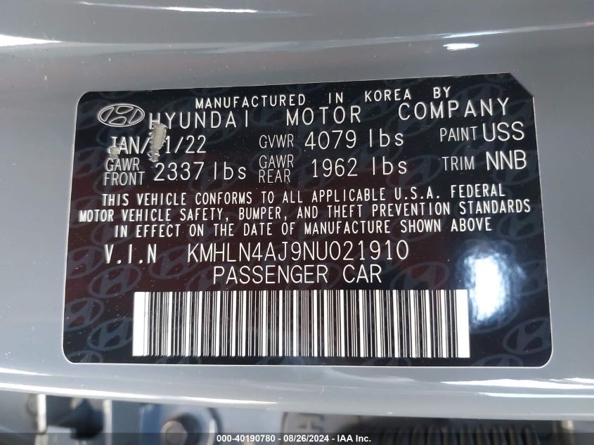 2022 Hyundai Elantra Hybrid Limited VIN: KMHLN4AJ9NU021910 Lot: 40190780