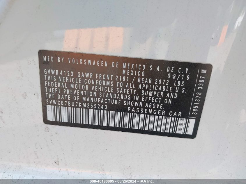 VIN 3VWCB7BU7KM259243 2019 VOLKSWAGEN JETTA S/SE/R-LINE