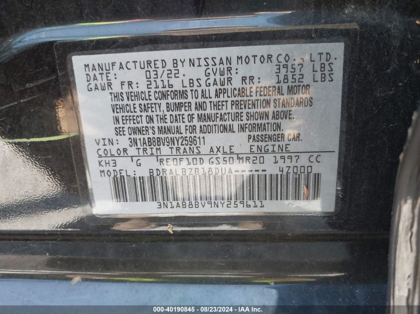 2022 Nissan Sentra S Xtronic Cvt VIN: 3N1AB8BV9NY259611 Lot: 40190845