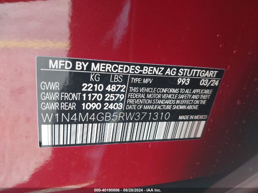 2024 Mercedes-Benz Glb 250 VIN: W1N4M4GB5RW371310 Lot: 40190886