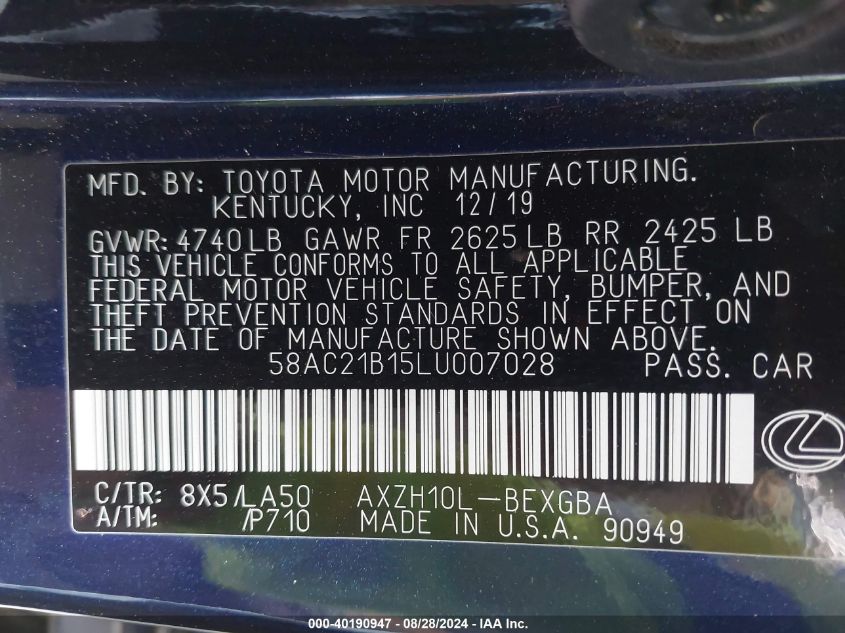 58AC21B15LU007028 2020 Lexus Es 300H