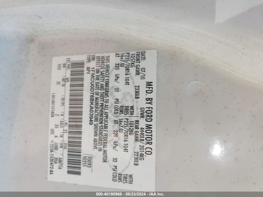 2011 Ford Escape Xlt VIN: 1FMCU0D78BKA03949 Lot: 40190968