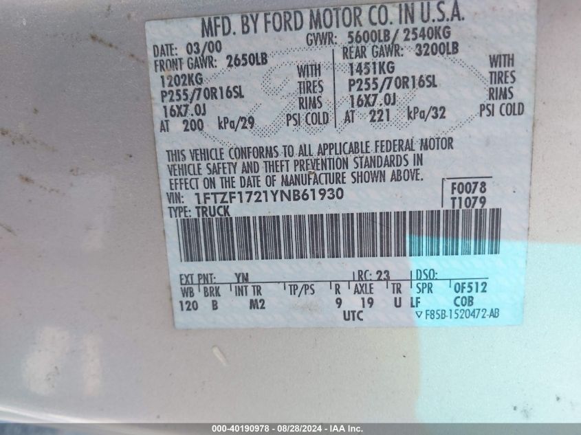 2000 Ford F-150 Work Series/Xl/Xlt VIN: 1FTZF1721YNB61930 Lot: 40190978