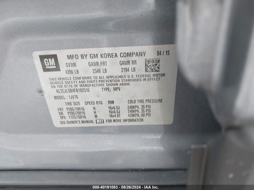 2015 Chevrolet Trax Lt VIN: KL7CJLSB4FB182516 Lot: 40191083