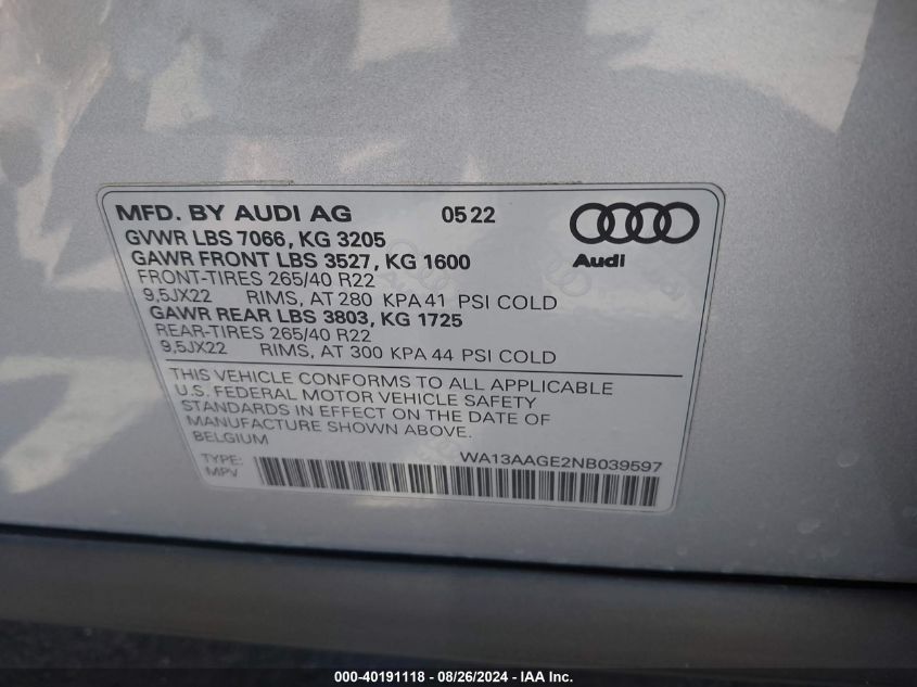 2022 Audi E-Tron Sportback Prestige S Line Quattro VIN: WA13AAGE2NB039597 Lot: 40191118