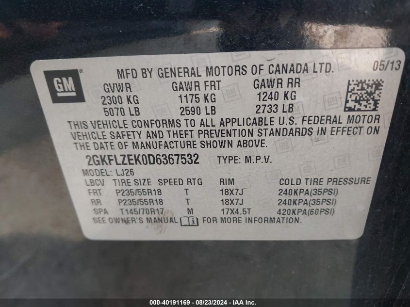 2013 GMC Terrain Denali VIN: 2GKFLZEK0D6367532 Lot: 40191169