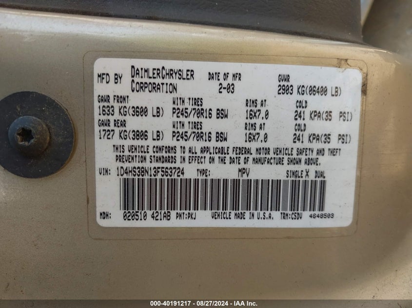 2003 Dodge Durango Sport/Sxt VIN: 1D4HS38N13F563724 Lot: 40191217