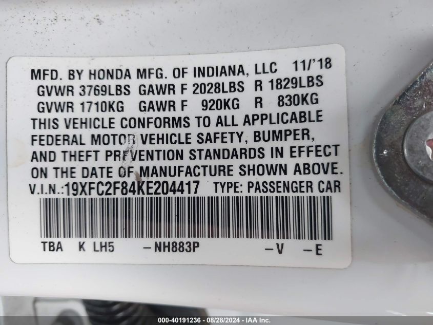 2019 Honda Civic Sport VIN: 19XFC2F84KE204417 Lot: 40191236