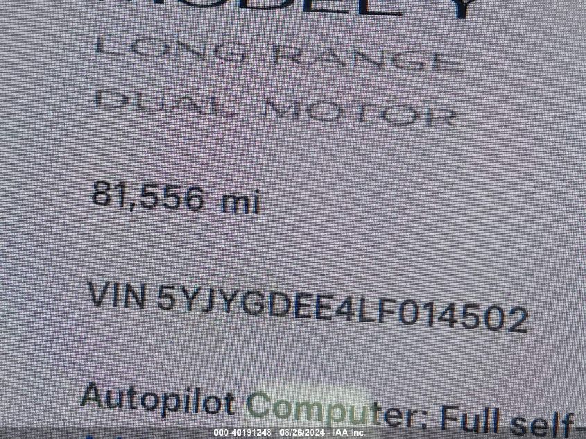 2020 Tesla Model Y Long Range Dual Motor All-Wheel Drive VIN: 5YJYGDEE4LF014502 Lot: 40191248