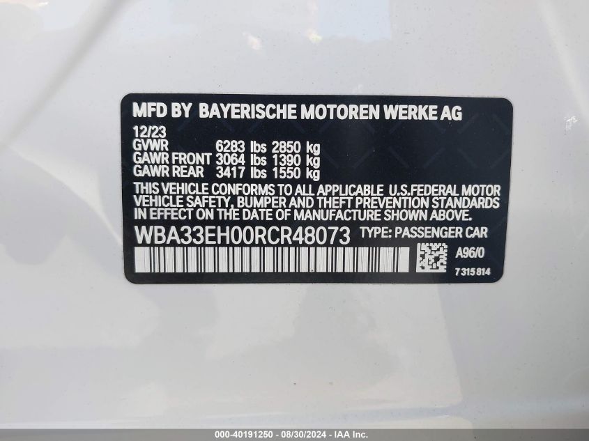 2024 BMW 740 I xDrive VIN: WBA33EH00RCR48073 Lot: 40191250