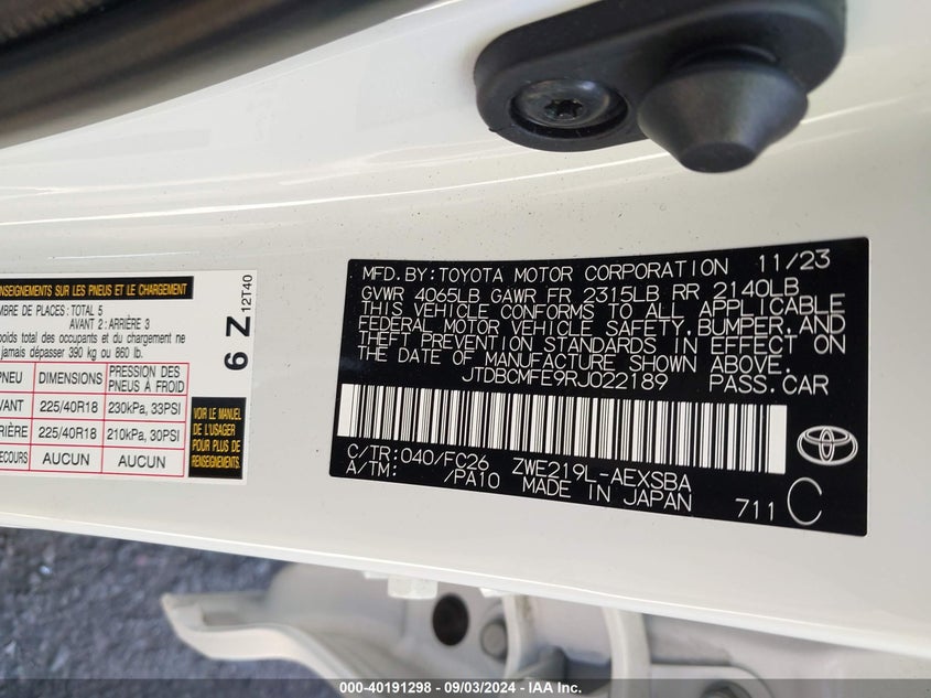 VIN JTDBCMFE9RJ022189 2024 TOYOTA COROLLA HYBRID SE