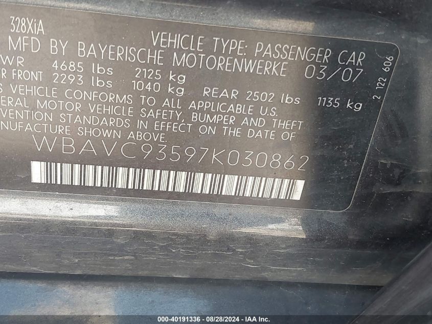 2007 BMW 328Xi VIN: WBAVC93597K030862 Lot: 40191336