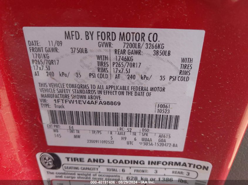 2010 Ford F-150 Fx4/Harley-Davidson/King Ranch/Lariat/Platinum/Xl/Xlt VIN: 1FTFW1EV4AFA98869 Lot: 40191406