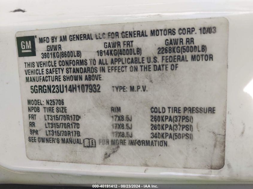 2004 Hummer H2 VIN: 5GRGN23U14H107932 Lot: 40191412