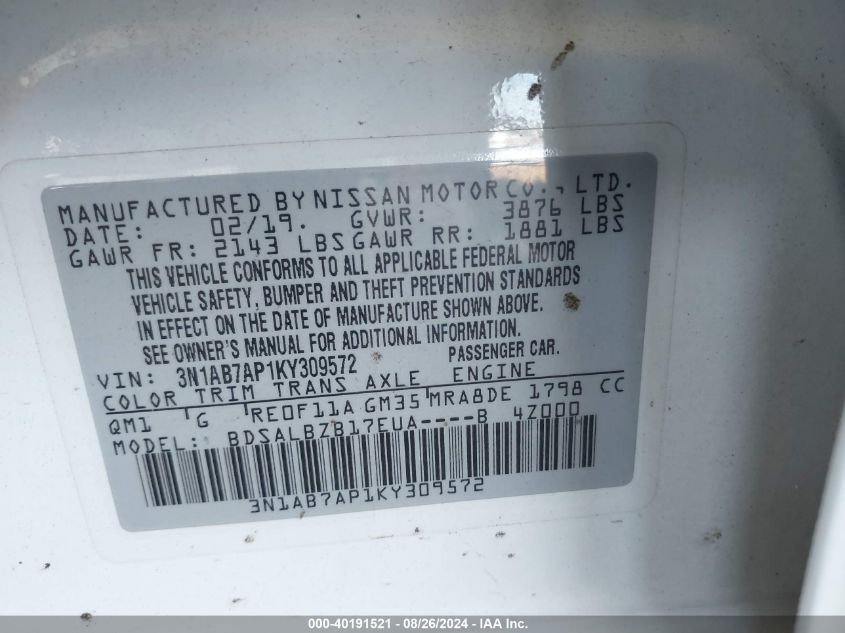 2019 NISSAN SENTRA VIN: 3N1AB7AP1KY309572