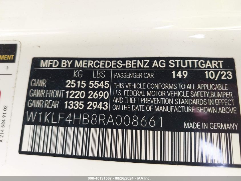 VIN W1KLF4HB8RA008661 2024 Mercedes-Benz E-Class, 3... no.9