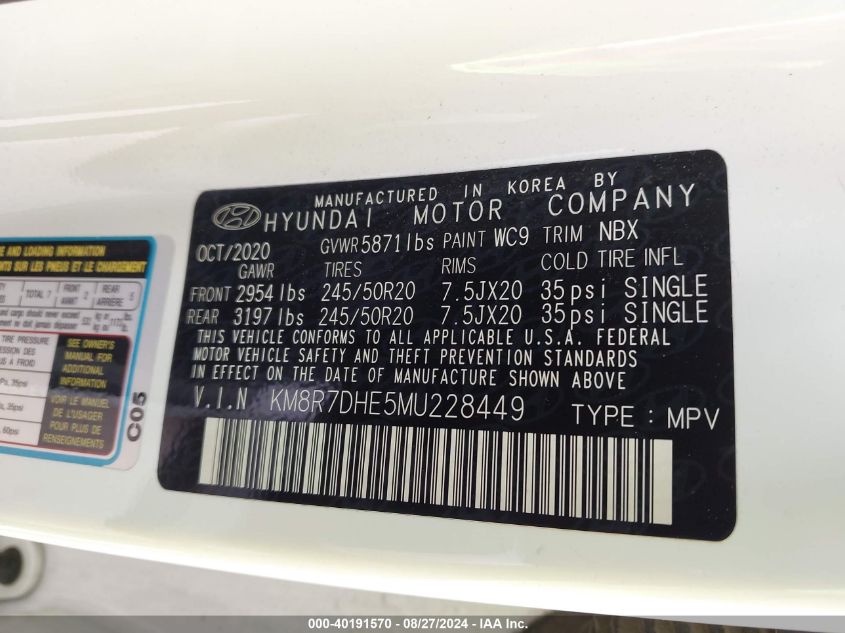 2021 Hyundai Palisade Calligraphy VIN: KM8R7DHE5MU228449 Lot: 40191570