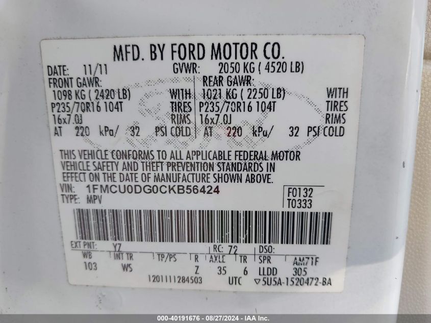 2012 Ford Escape Xlt VIN: 1FMCU0DG0CKB56424 Lot: 40191676